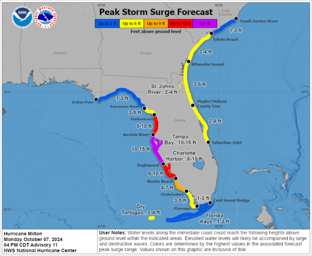 Map shows the forecast for possible storm surge levels from Hurricane Milton. 