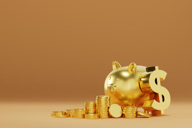 3D rendering Stack of golden coins with dollar sign and gold piggy bank on gold color background signifies financial abundance and successful investments. 