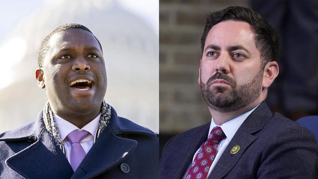 Left: Rep. Mondaire Jones, D-N.Y., speaks at a news conference on Capitol Hill in Washington, Feb. 4, 2021.; Right: Rep. Mike Lawler, R-N.Y., listens during an event at SUNY Westchester Community College, May 10, 2023, in Valhalla, N.Y. 