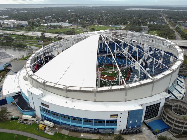 dome of Tropicana Field torn open by Hurricane Milton 