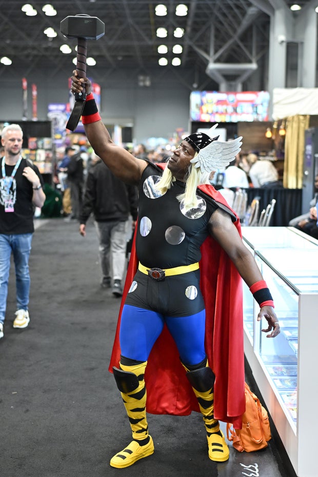 A cosplayer poses as Thor during New York Comic Con 2024 at The Jacob K. Javits Convention Center on October 17, 2024 in New York City.