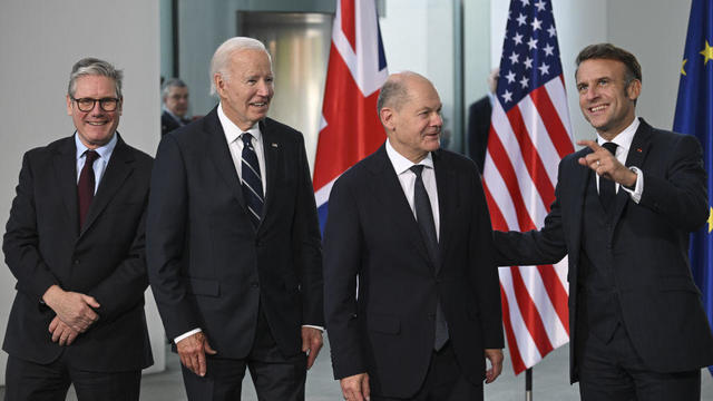 President Biden meets with French President Emmanuel Macron, British Prime Minister Keir Starmer and German Chancellor Olaf Scholz in Berlin on Oct. 18, 2024. 