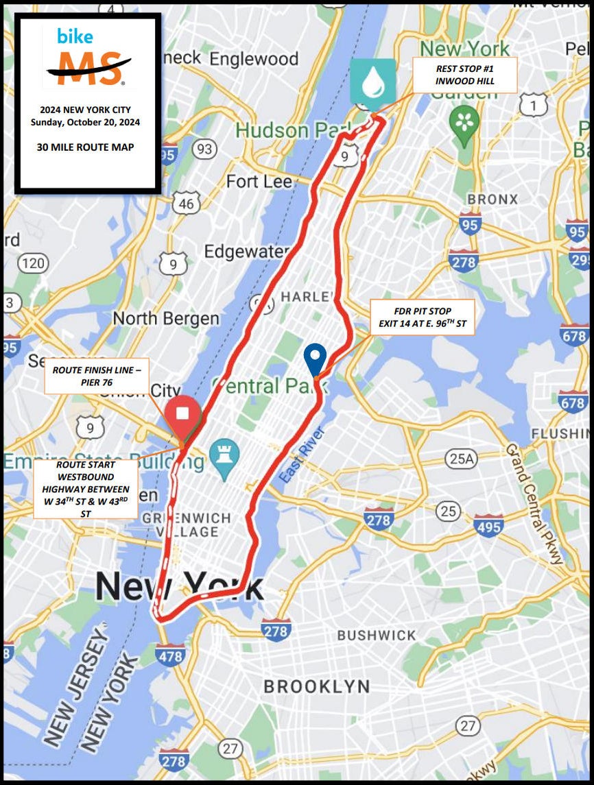 Bike MS 2024 will shut down streets on Manhattan's West Side this Sunday. Get route maps, road