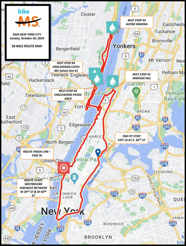 Bike MS: New York City 2024 50-Meilen-Straßenkarte 