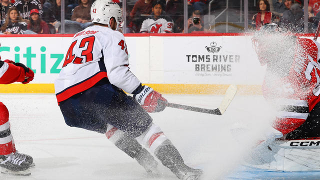 Tom Wilson #43 of the Washington Capitals skates in the second period of the game against the New Jersey Devils at the Prudential Center on October 19, 2024 in Newark, New Jersey. 