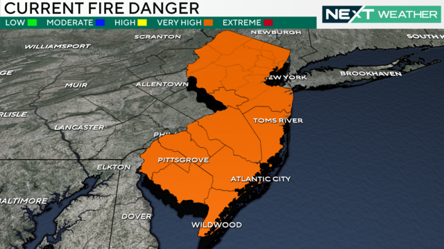 A weather map showing that New Jersey is under a very high fire danger 