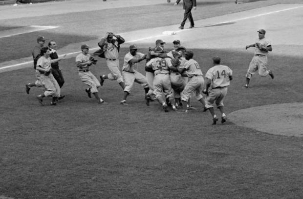 1955 Dodgers Rushing the Mound After Series Win 