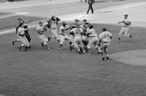 1955 Dodgers Rushing the Mound After Series Win