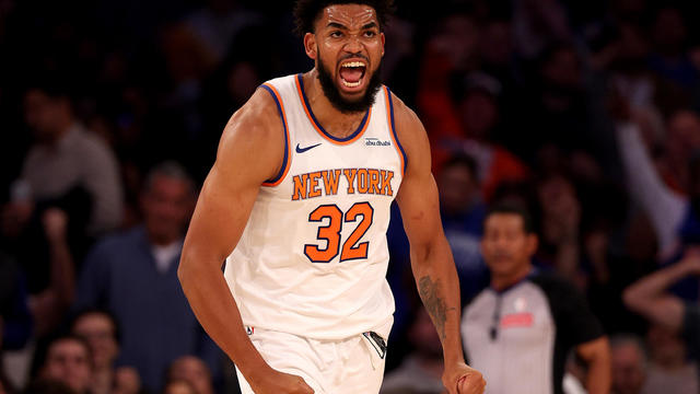 Karl-Anthony Towns #32 of the New York Knicks reacts after a dunk in the first quarter against the Indiana Pacers at Madison Square Garden on October 25, 2024 in New York City. 