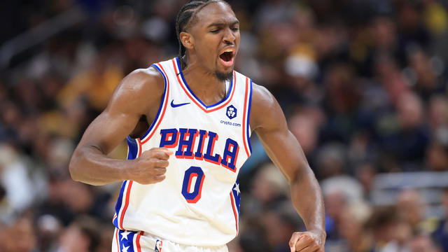 Philadelphia 76ers player Tyrese Maxey reacts during a game against the Pacers in Indiana 