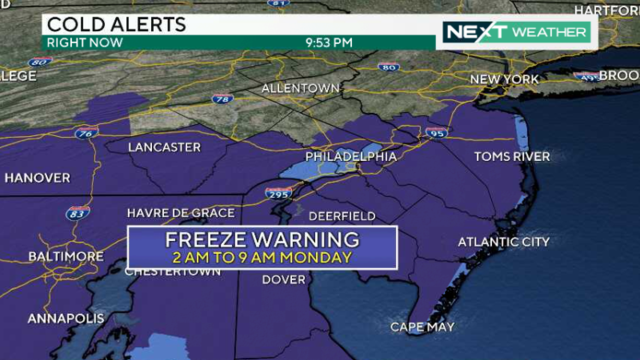 A weather map showing that the Philadelphia region - except Philadelphia and Delaware Counties - will be under a freeze warning from 2 am to 9 am Monday 