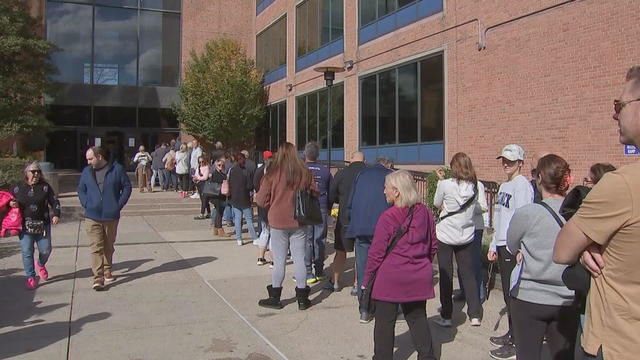 A long line of people waiting to get into the Bucks County administrative building 