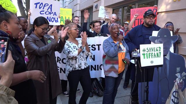 Brooklyn tenants rally outside 63 Tiffany Place. 