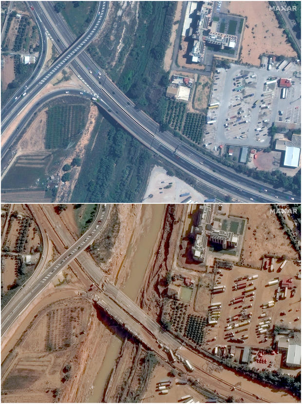 Combination picture shows satellite views of Valencia before and after the floods 