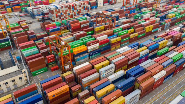 Aerial perspective of a container port 