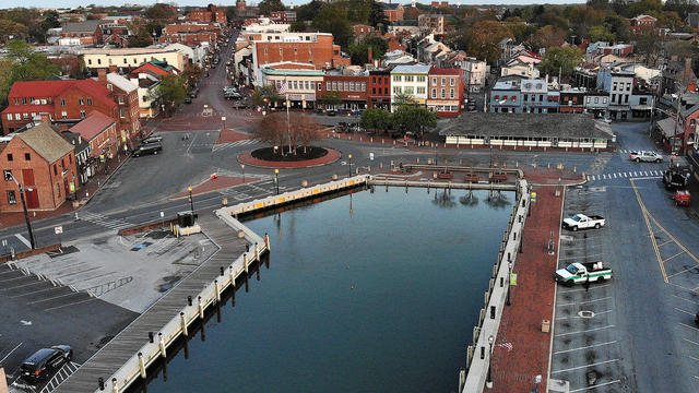 An aerial view from a drone shows the city dock located in the center of the historic district, on April 16, 2020 in Annapolis, Maryland. 