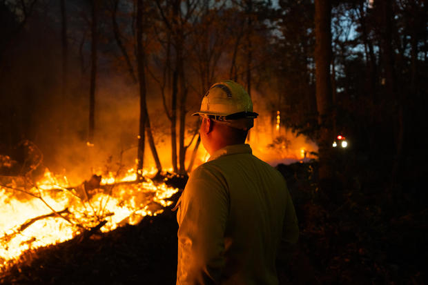 A firefighter looks on as flames consume part of a forest 