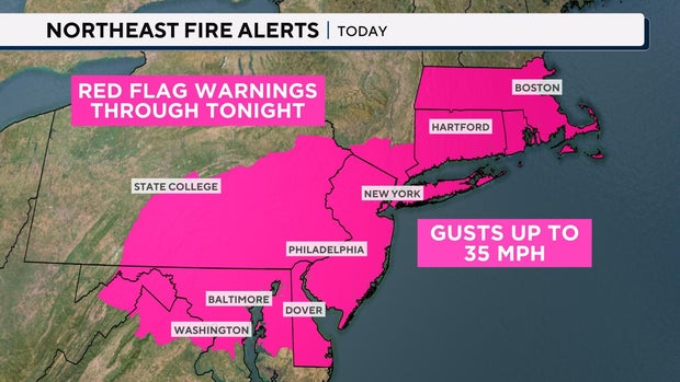 A red flag warning for fire risk has been issued for much of the Northeast, as seen in this map