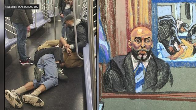 On the left: Video shows Daniel Penny and Eric Gonzalez restraining Jordan Neely on the floor of a subway car; on the right: a courtroom sketch of Eric Gonzalez on the stand. 