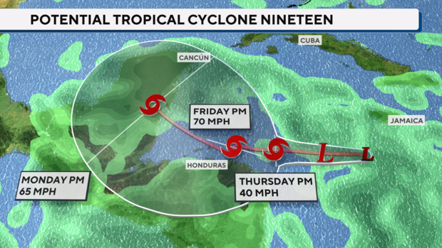 Map of potential tropical weather path over Caribbean 