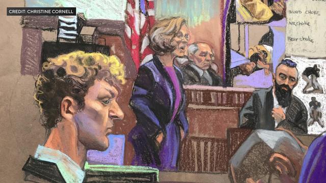 A courtroom sketch showing Joseph Caballer sitting on the stand with Daniel Penny in the foreground. 