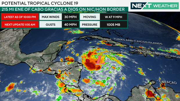 A weather map showing the track of Tropical Cyclone 19 in the Tropics 