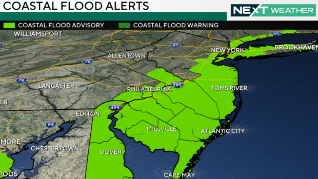 A weather map showing a coastal flood advisory in Delaware and South Jersey 