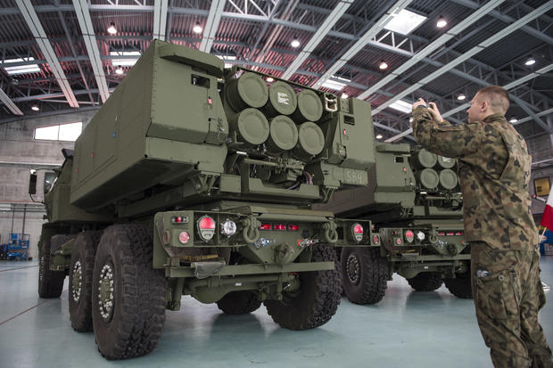 Himars rocket launchers placed on military vehicles and 