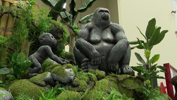 A sculpture of a mother gorilla and baby gorilla on a Macy's Thanksgiving Day Parade float. 