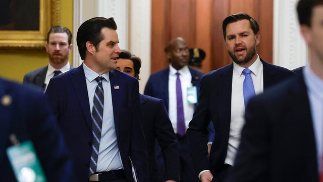 Former Rep. Matt Gaetz, President-elect Donald Trump's nominee to be Attorney General, walks with Vice President-elect JD Vance as they arrive for meetings with Senators at the U.S. Capitol on November 20, 2024 in Washington, DC.  misconduct.