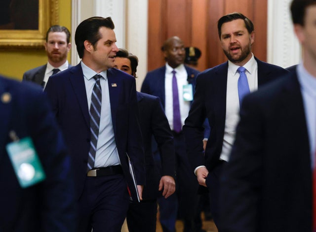 Former Rep. Matt Gaetz, President-elect Donald Trump's nominee to be Attorney General, walks with Vice President-elect JD Vance as they arrive for meetings with Senators at the U.S. Capitol on November 20, 2024 in Washington, DC.  misconduct. 