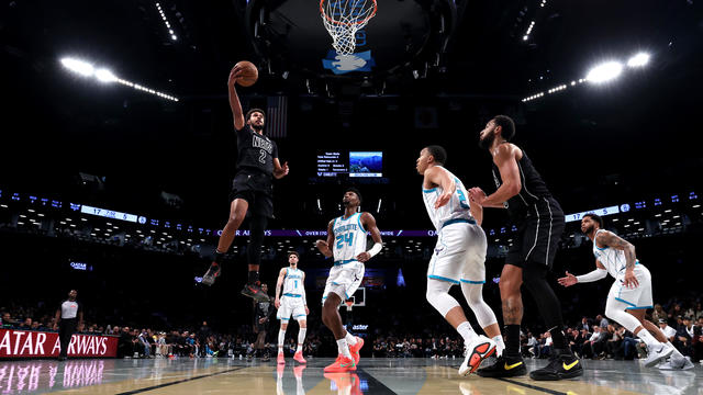 Cameron Johnson #2 of the Brooklyn Nets shoots the ball against the Charlotte Hornets during the first half at Barclays Center on November 19, 2024 in the Brooklyn borough of New York City. 