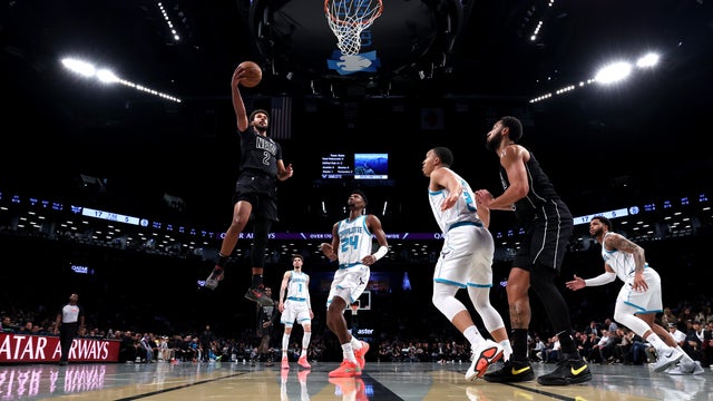 Cameron Johnson #2 of the Brooklyn Nets shoots the ball against the Charlotte Hornets during the first half at Barclays Center on November 19, 2024 in the Brooklyn borough of New York City.