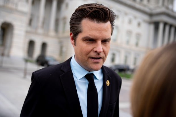 Rep. Matt Gaetz speaks to a reporter on Capitol Hill following a vote on April 19, 2024 in Washington, DC.