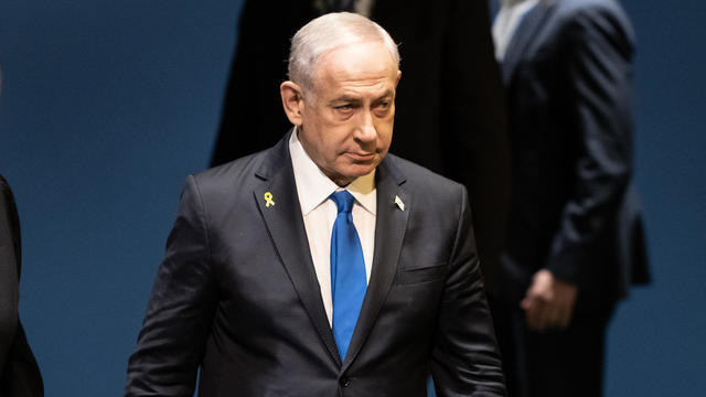 Prime Minister of Israel Benjamin Netanyahu arrives on stage 