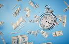 limited time to earn money. a stopwatch and packs of dollar bills flying across a blue background. 3D render 