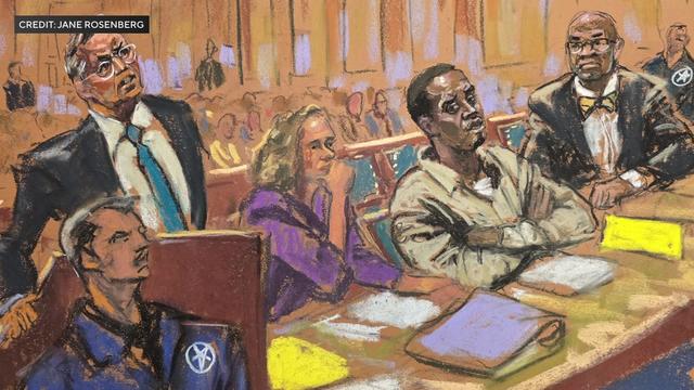 A courtroom sketch of Sean "Diddy" Combs and several others. 