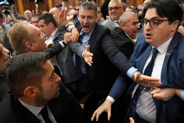 Brawl erupts in the Serbian parliament in Belgrade 