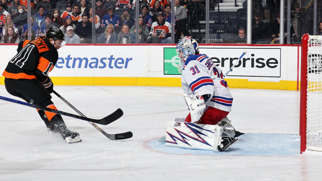 Travis Konecny #11 of the Philadelphia Flyers would score from this first period shot on goaltender Igor Shesterkin #31 of the New York Rangers at the Wells Fargo Center on November 29, 2024 in Philadelphia, Pennsylvania. 