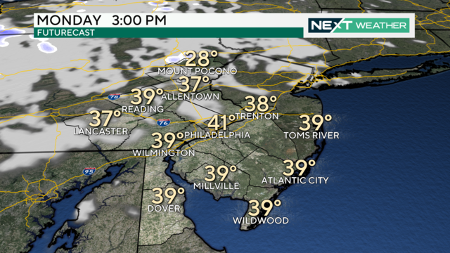 A weather map showing temps will be in the upper 30s across much of the region Monday at 3 p.m. 