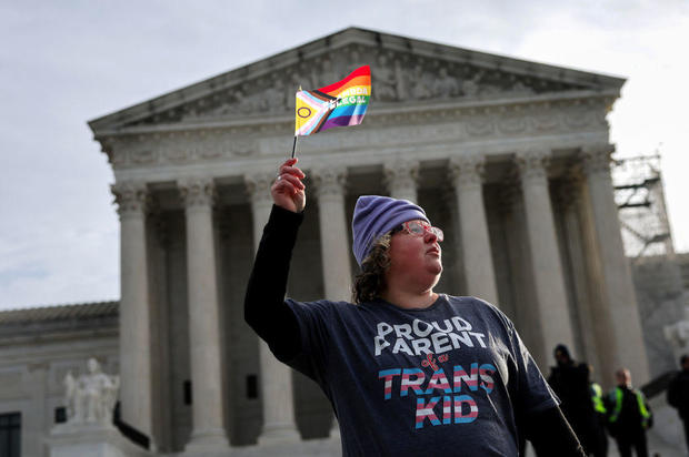 A transgender rights supporter takes part in a rally outside of the Supreme Court as the justices hear arguments in a case on transgender health rights on Dec. 4, 2024 in Washington, D.C. 