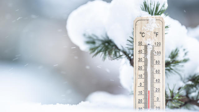 Thermometer in the snow shows low temperatures in Celsius and Farenhaits. 