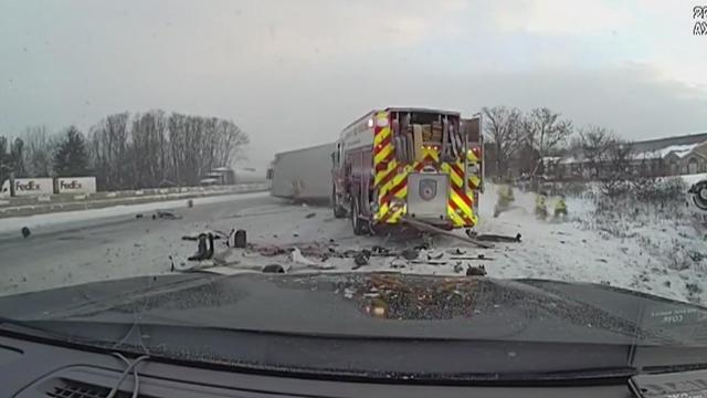 Dashcam video shows box truck crashing into first responder vehicles on side of road in Southwest Michigan 