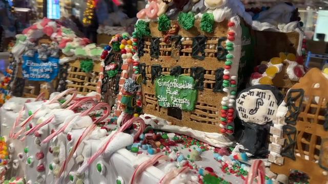 An elaborate gingerbread village on display. 