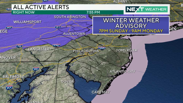 A weather map showing that the Poconos and Lehigh Valley are under a winter weather advisory from 7 a.m. Monday through 9 a.m. Monday 