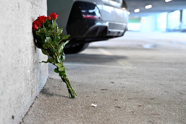 Flowers are placed near a parking garage where the rapper Gaboro was shot dead  on Thursday evening, in central Norrkoping 