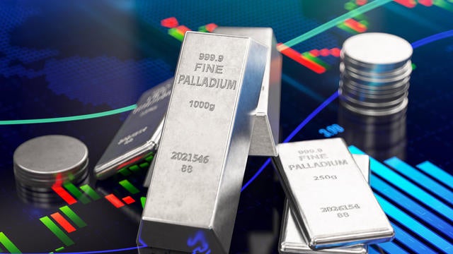 Palladium Ingot Bars and Coins with Financial Chart 