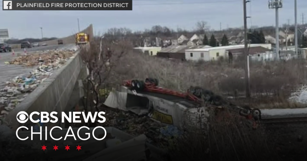 Semi-trailer truck crashes onto railroad tracks under I-55 southwest of Chicago