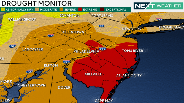 A weather map showing that the Philly region is under extreme or severe drought, according to the drought monitor 