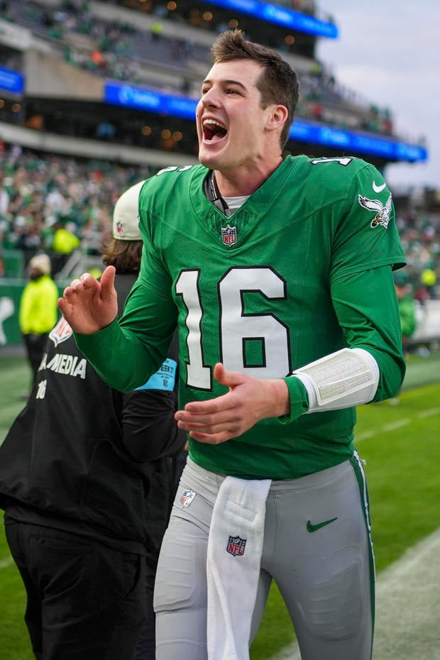 Philadelphia Eagles quarterback Tanner McKee reacts while leaving the field following an NFL football game against the Dallas Cowboys at Lincoln Financial Field 